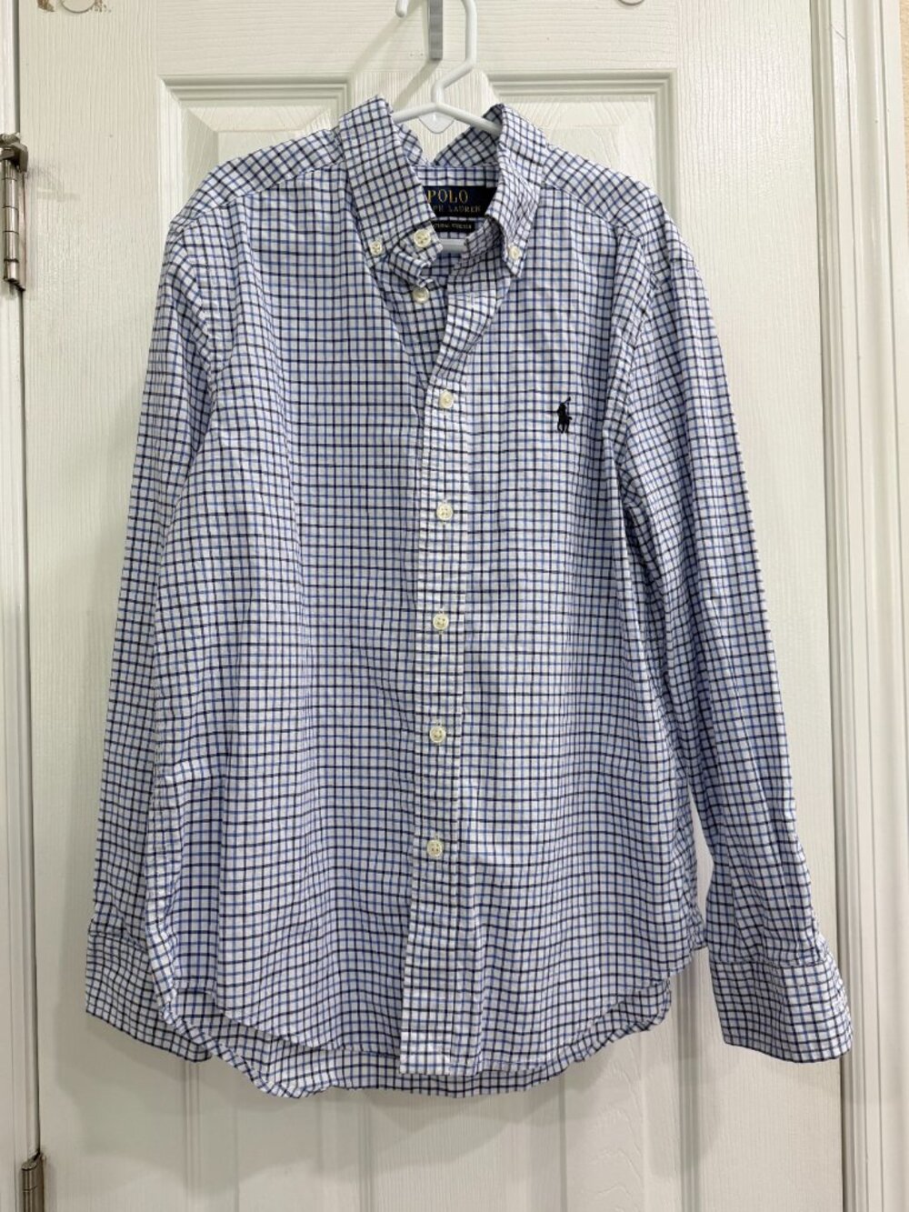 Polo Ralph Lauren Boys Medium 10-12 Blue Gingham Button Down Shirt Cotton